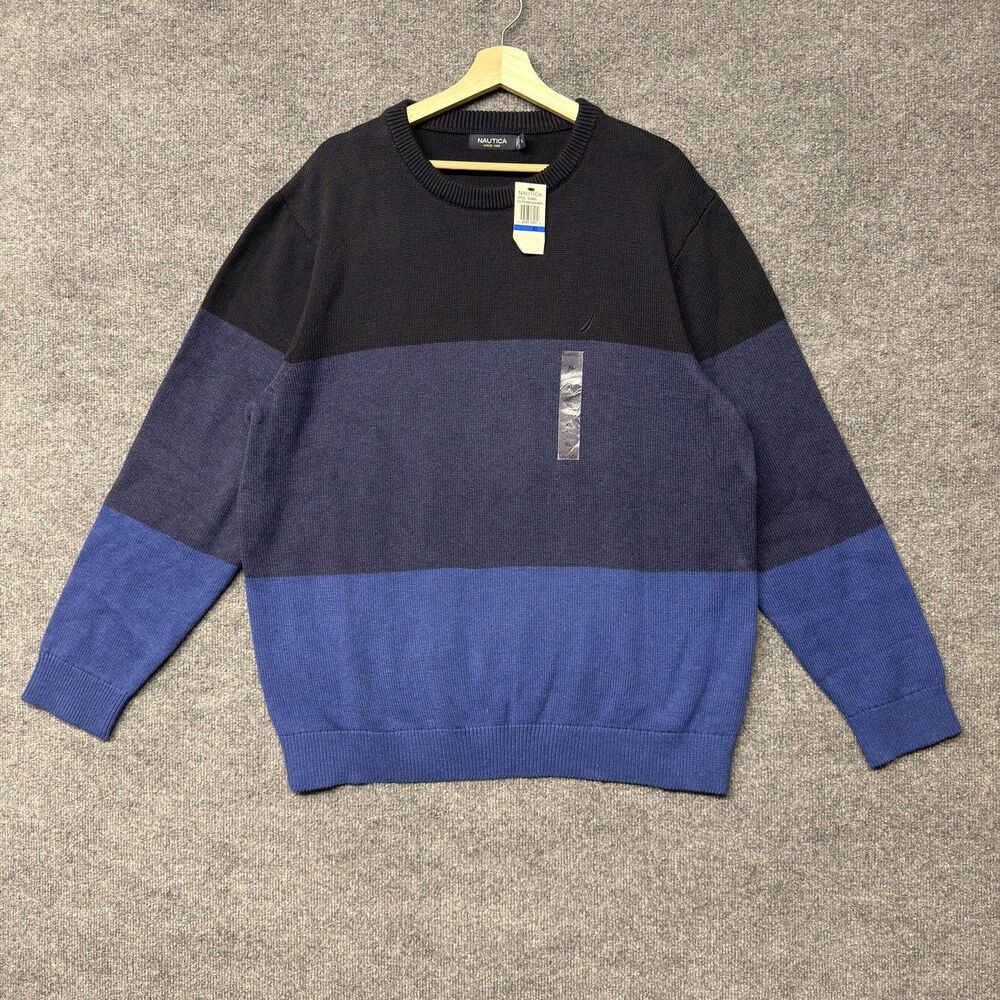 Nautica Sweatshirt Mens XL Blue Colorblock Stripe Cotton Crew Neck Logo Pullover